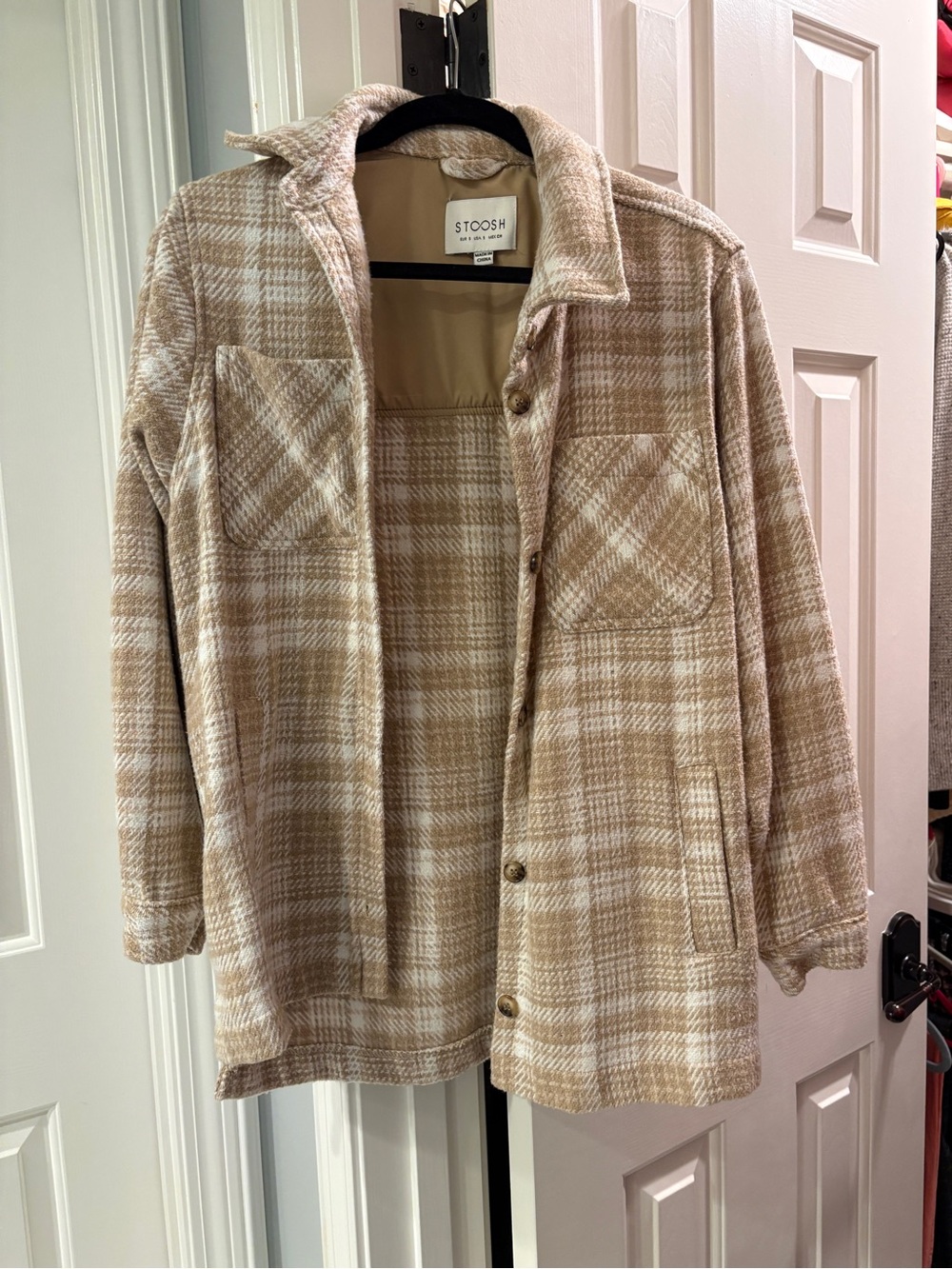 Stoosh Beige Plaid Utility Shacket Jacket